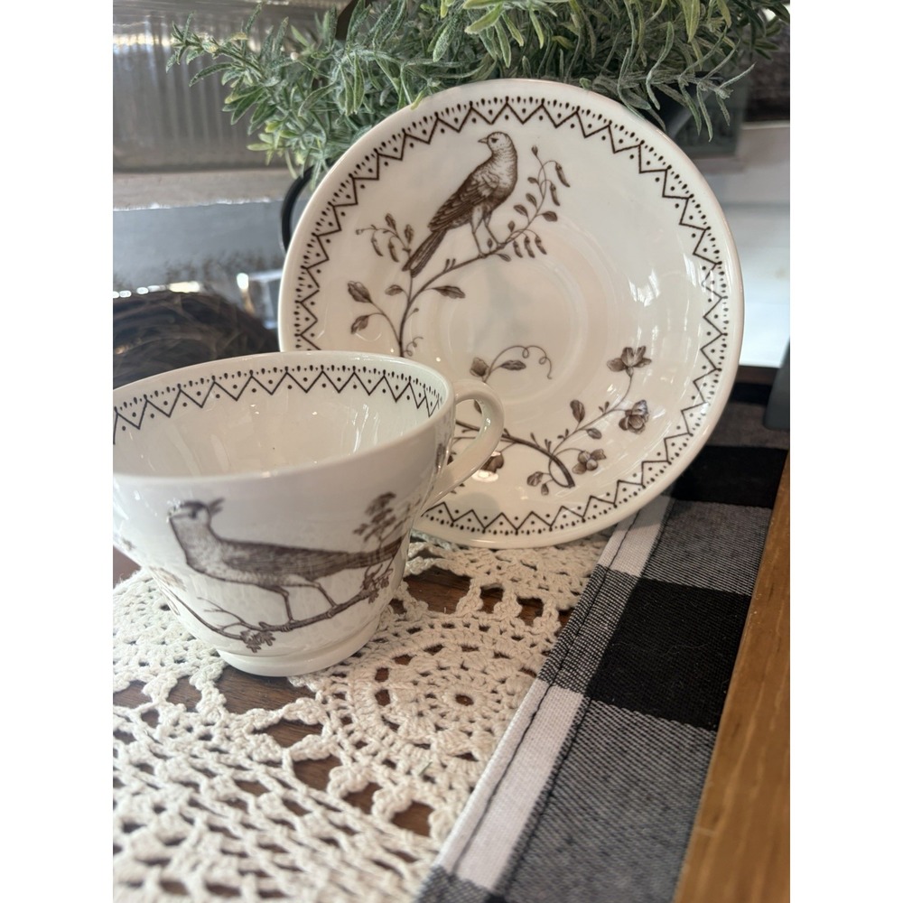 Wedgwood Williamsburg Aviary‎ Teacup Saucer Set Ivory Brown Birds England - Picture 2 of 14